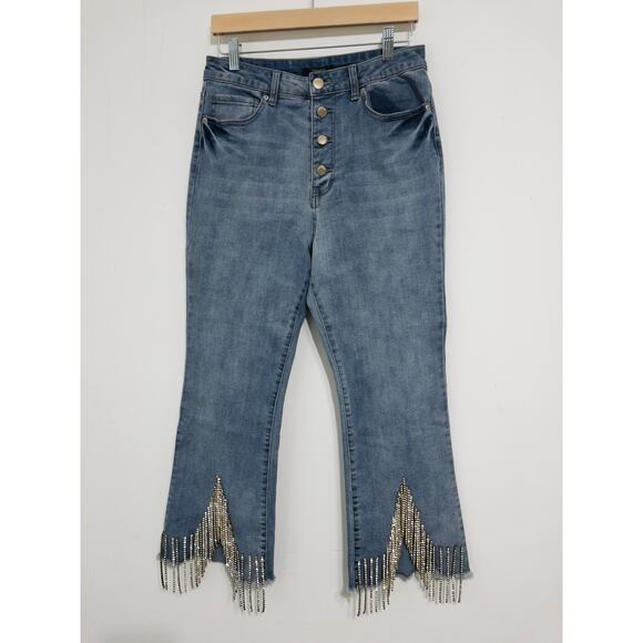 Forever21 embellished high-rise jeans with glam rhinestone fringe hem sz 30 - Picture 1 of 6